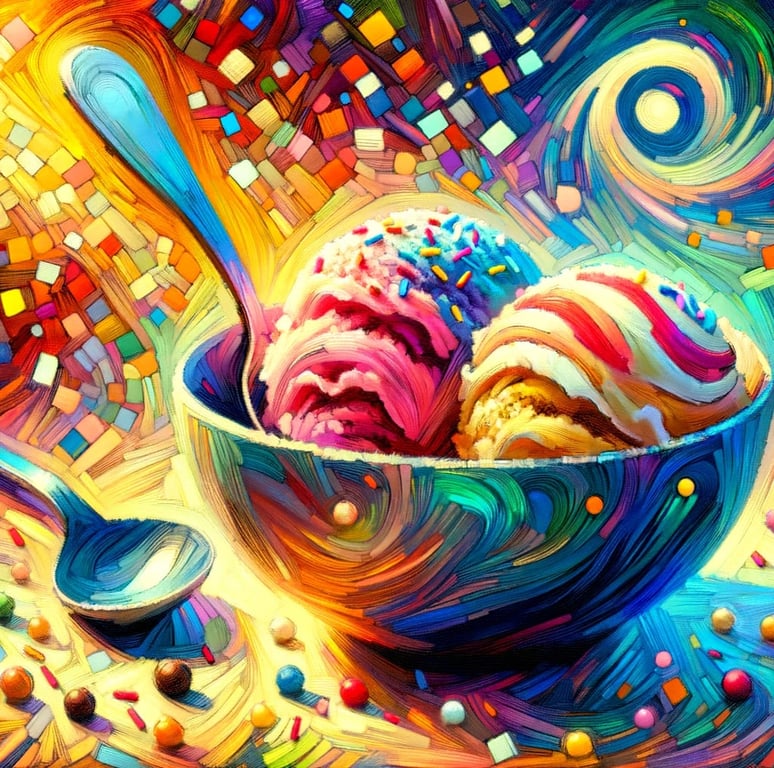 illustrative painting of a bowl, spoon, and two scoops of ice cream, one with sprinkles!