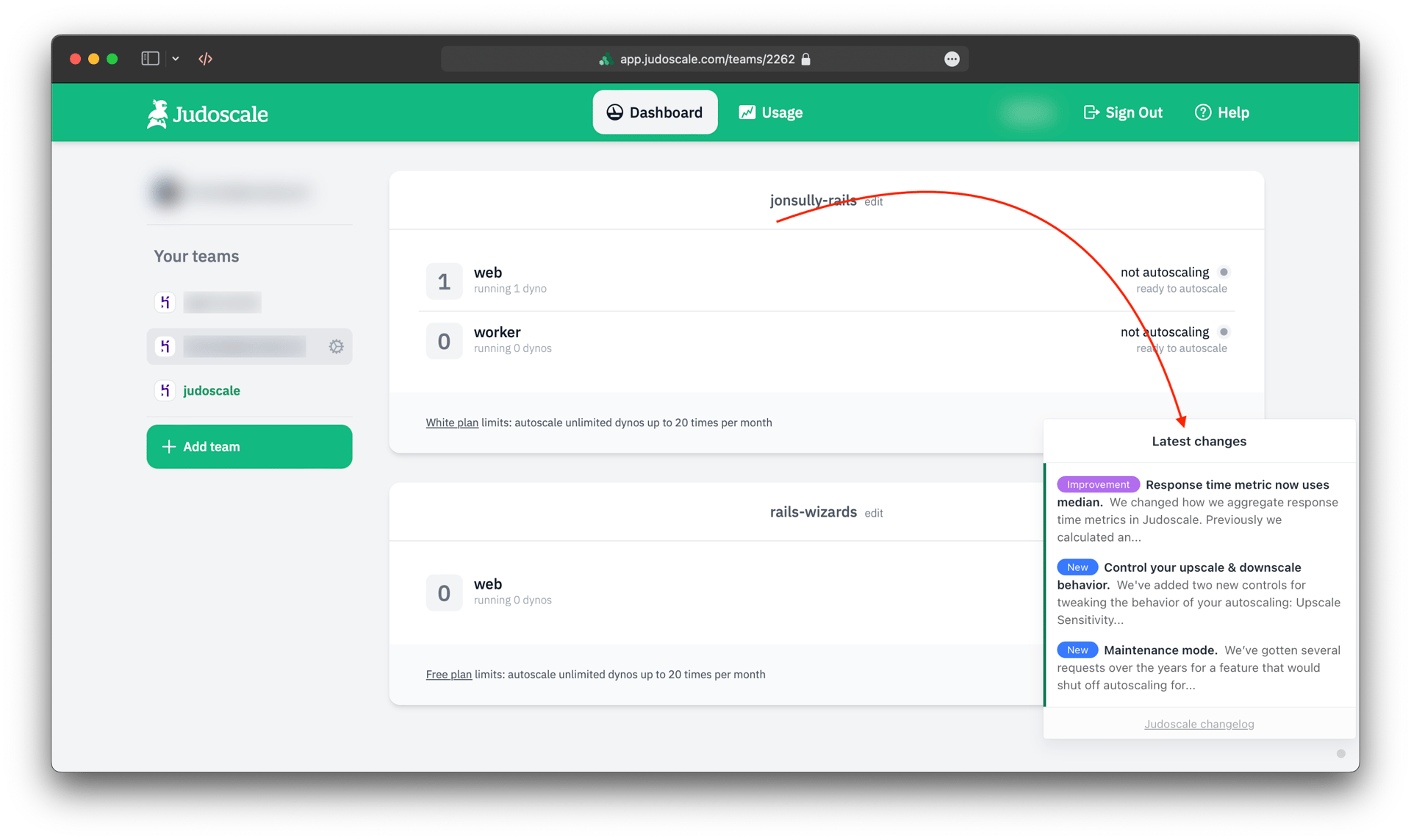 A screenshot of the Judoscale dashboard showing the change log widget at the bottom