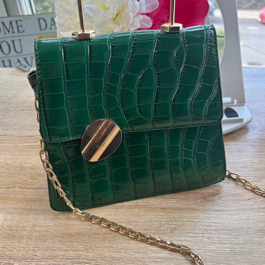 Emerald Green Croc-Effect Structured Handbag