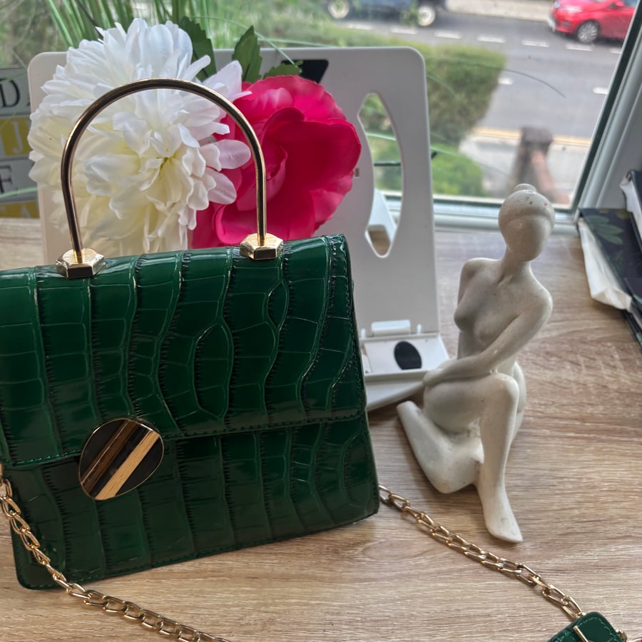 Emerald Green Croc-Effect Structured Handbag