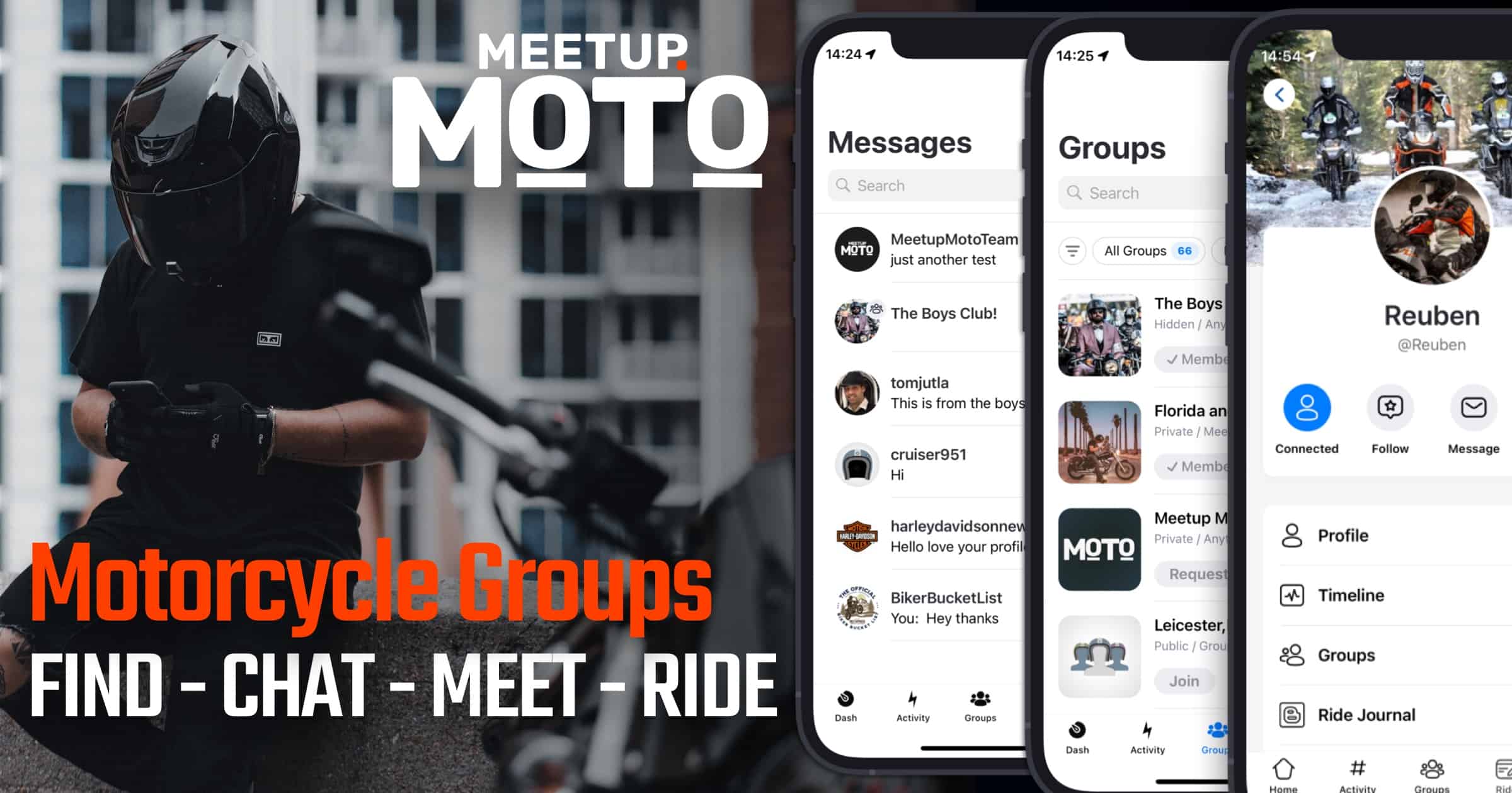 MeetupMoto app — motorcycle groups: find, chat, meet, ride