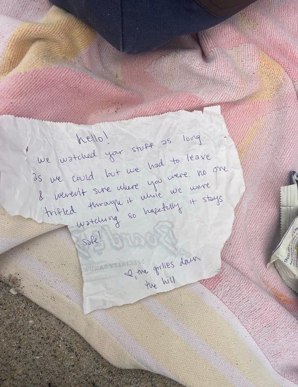 A couple of girls asked my friend and I to watch their stuff at the beach. An hour later we had to go and they hadn’t returned. We didn’t know where they went so we left this note. What would you have done?