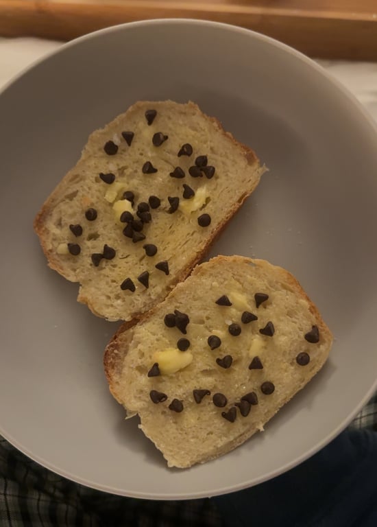 Is there a sweet tooth treat you have that you grew up with that others have never heard of? Mine is butter and chocolate chips on toast. I added flaky salt this time and oooof… so good. (French parents if that makes a difference here)