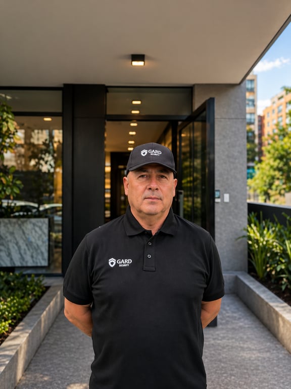 Guardia Gard Security con gorra institucional en edificio residencial en Santiago