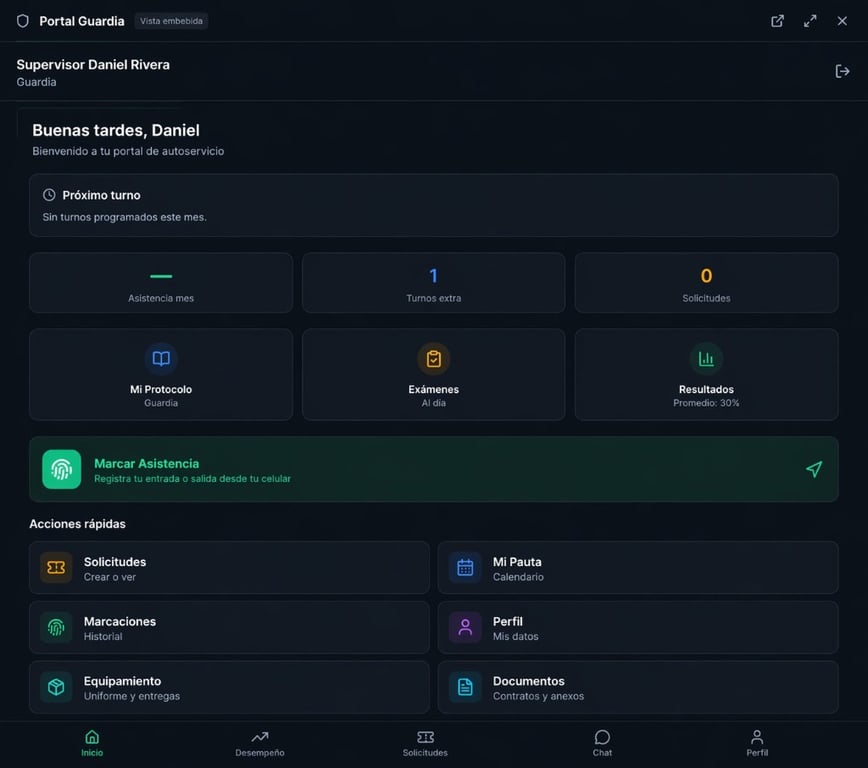 Portal Guardia de OPAI con autoservicio del trabajador: marcación de asistencia, protocolo operativo, pauta y documentos laborales
