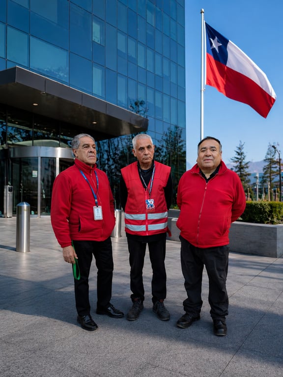 Equipo de guardias de seguridad Gard Security certificados OS10 en edificio corporativo en Santiago, Chile