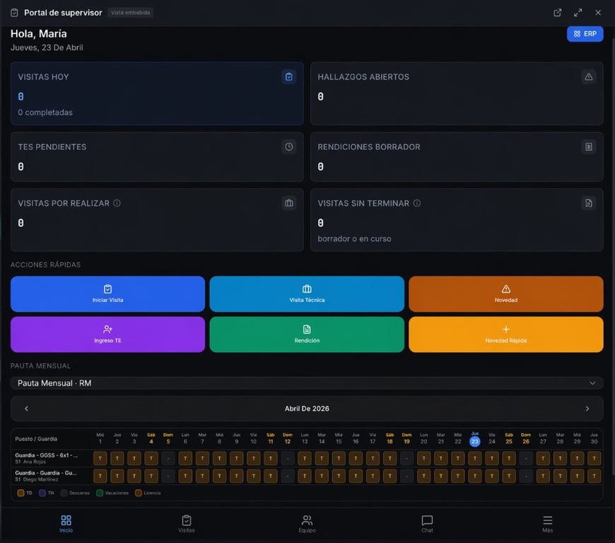 Portal Supervisor de OPAI con calendario de pauta mensual, acciones rápidas operativas y control de turnos por guardia