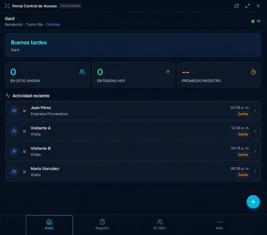 Portal Control de Acceso de OPAI con registro digital de visitantes, KPIs de flujo y actividad reciente en tiempo real