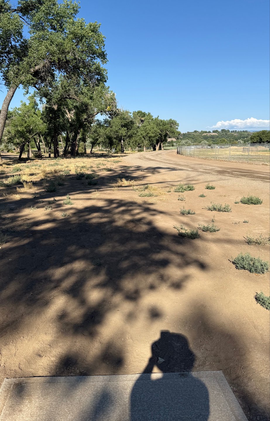 The view from the tee pad of hole 14. The baseball fields are OB.