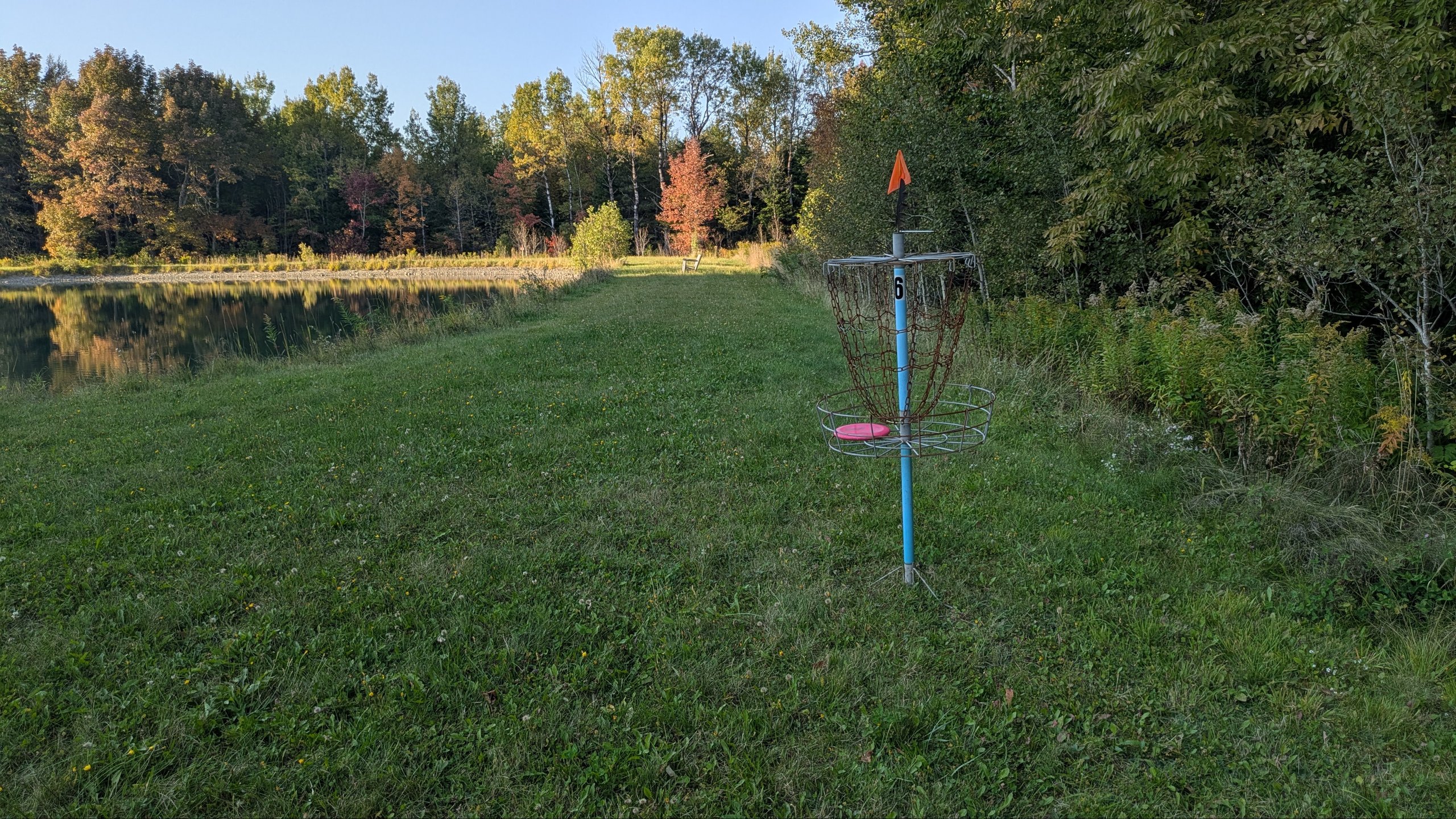 It's only a short throw to the Hole 6 target, but be careful of the pond to the left and the high rough to the right