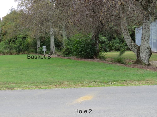 Tee from anywhere on grassy strip other side of the road-watch for traffic when throwing