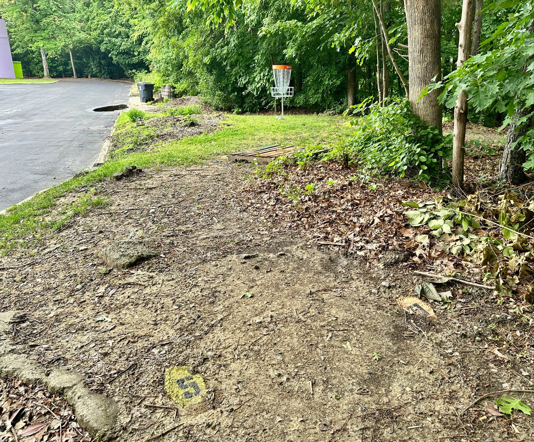 One of the easier aces on the course, hole #5 is a short, flat putt. But, beware of the rollout to the left off a missed tee shot, as the asphalt/service road is OB.