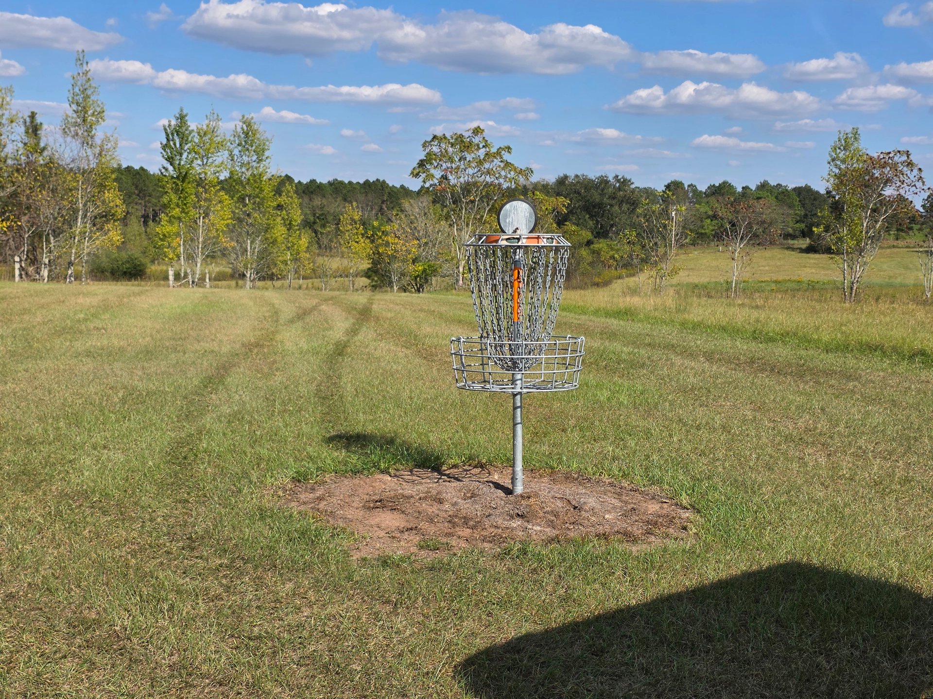 Hole 4's basket, looking back toward the tee.