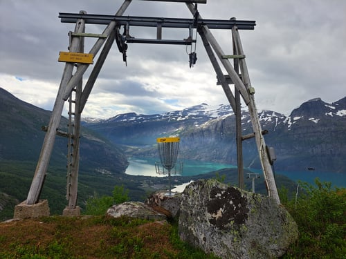 Basket 1 at Fjellstua Diskgolfbane. Candidate for most scenic disc golf basket in the world?