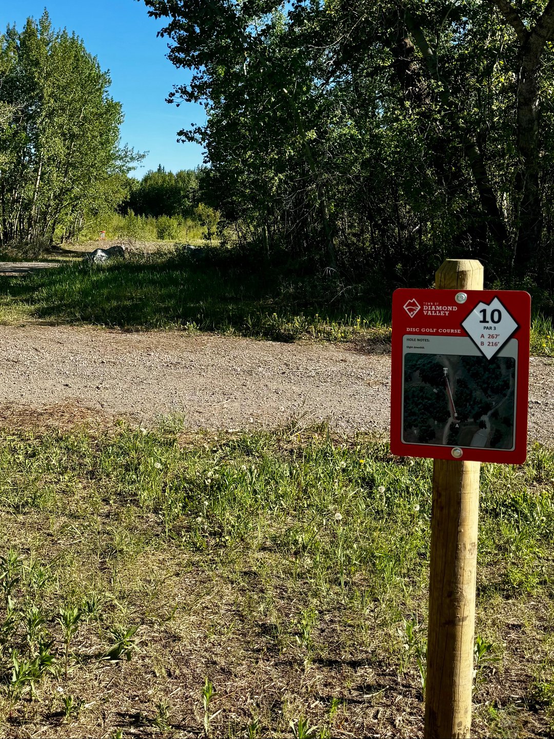 Looking down the road towards the basket of hole 10. 