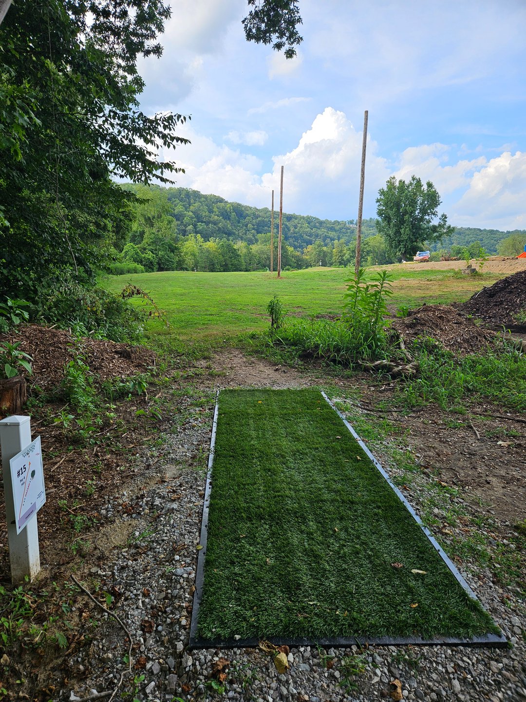 Short Tee Pad. Short Basket Straight then Right, Long Basket Straight then Right. OB Beyond White Stakes Right & Left.