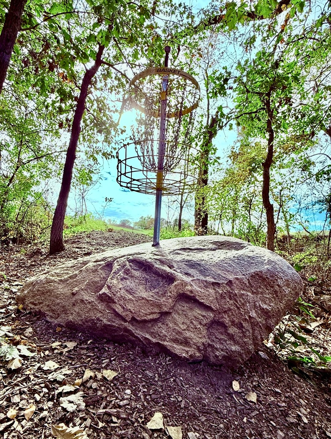 Hole 6 - Green. Excalibur sword in basket. Basket in rock. Rock on mound. Rollaway potential. 