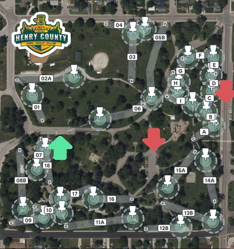 Parking for The Rock is shown by a green arrow , parking for The Pebble is shown by the red arrows. 