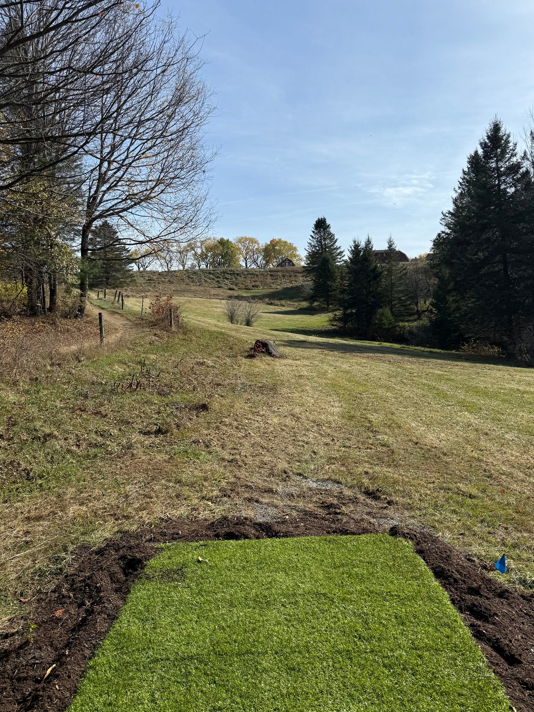Big throw from blue tees, OB path, and right of shrubs in middle of fairway.