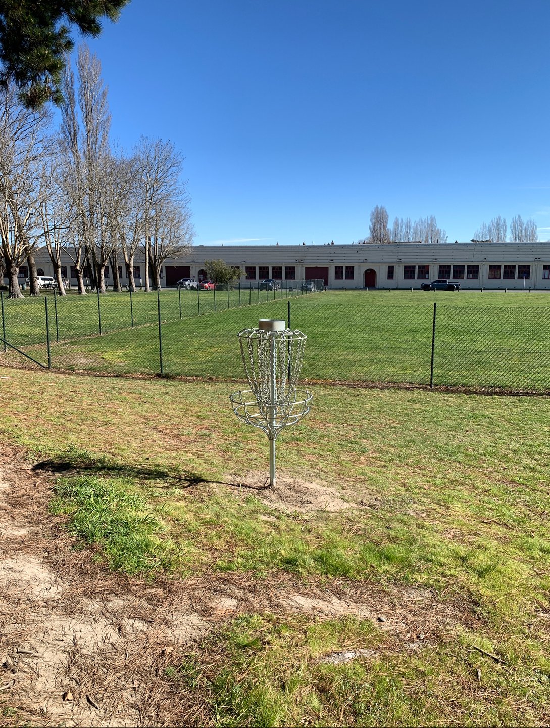 Hole 9 basket. Hazard in fenced off area