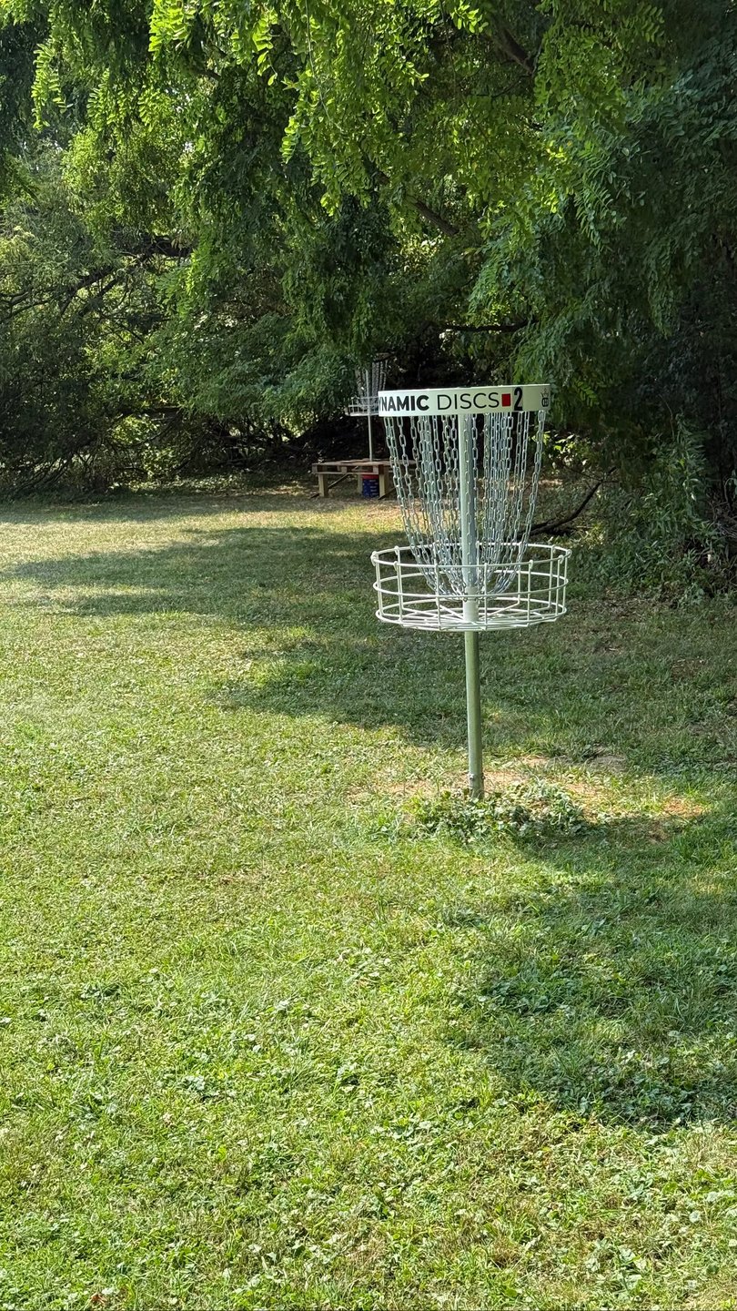 Red (short) basket with blue (long) basket in background on hole 2