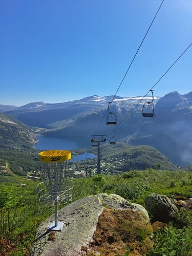 Fjellstua Diskgolbane in Glomfjord, Norway. Placed under the chair lift taking you up to the mountain