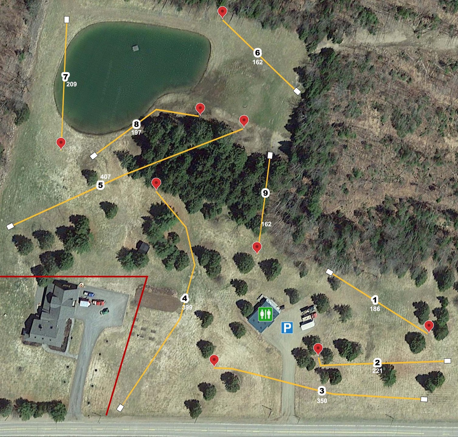 Course Map as of September 15, 2025. All placements and measurements are approximate, but this will get you around the course.