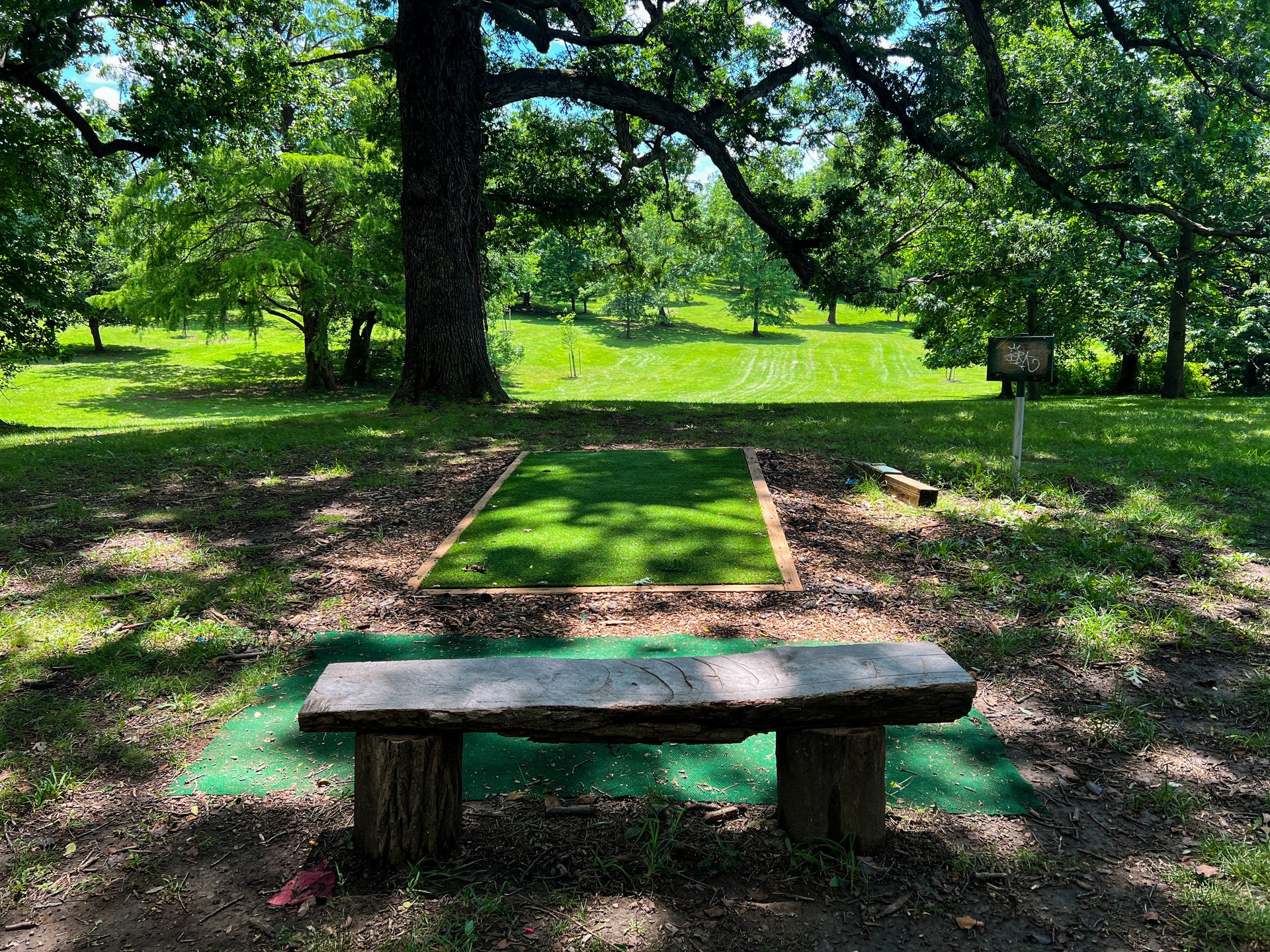 Hole 7's tee. Pink is par 3, 373 ft, and is straight down the hill and directly past the trees. Yellow is par 4, 544 ft, and is straight down the hill and the back up the hill to the left.