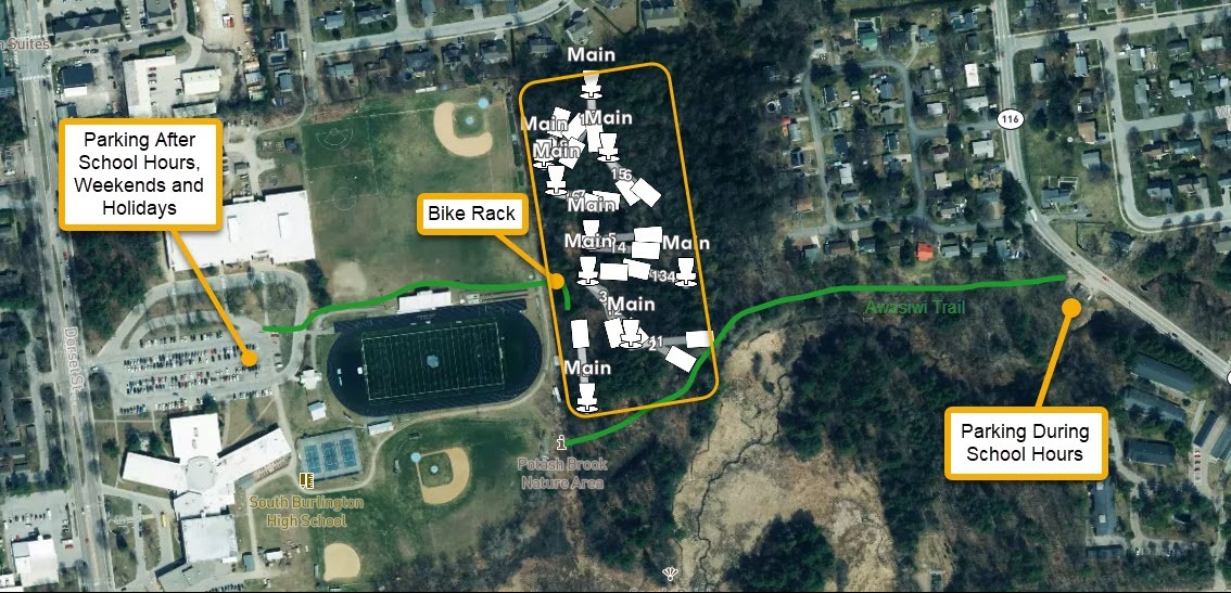 Course map showing parking locations and walking routes to get to course.