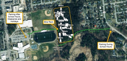 Course map showing parking locations and walking routes to get to course.