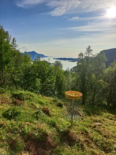 Basket 8 at Mosvoldskogen Diskgolfbane. View to the Norwegian fjords and the islands of Meløy