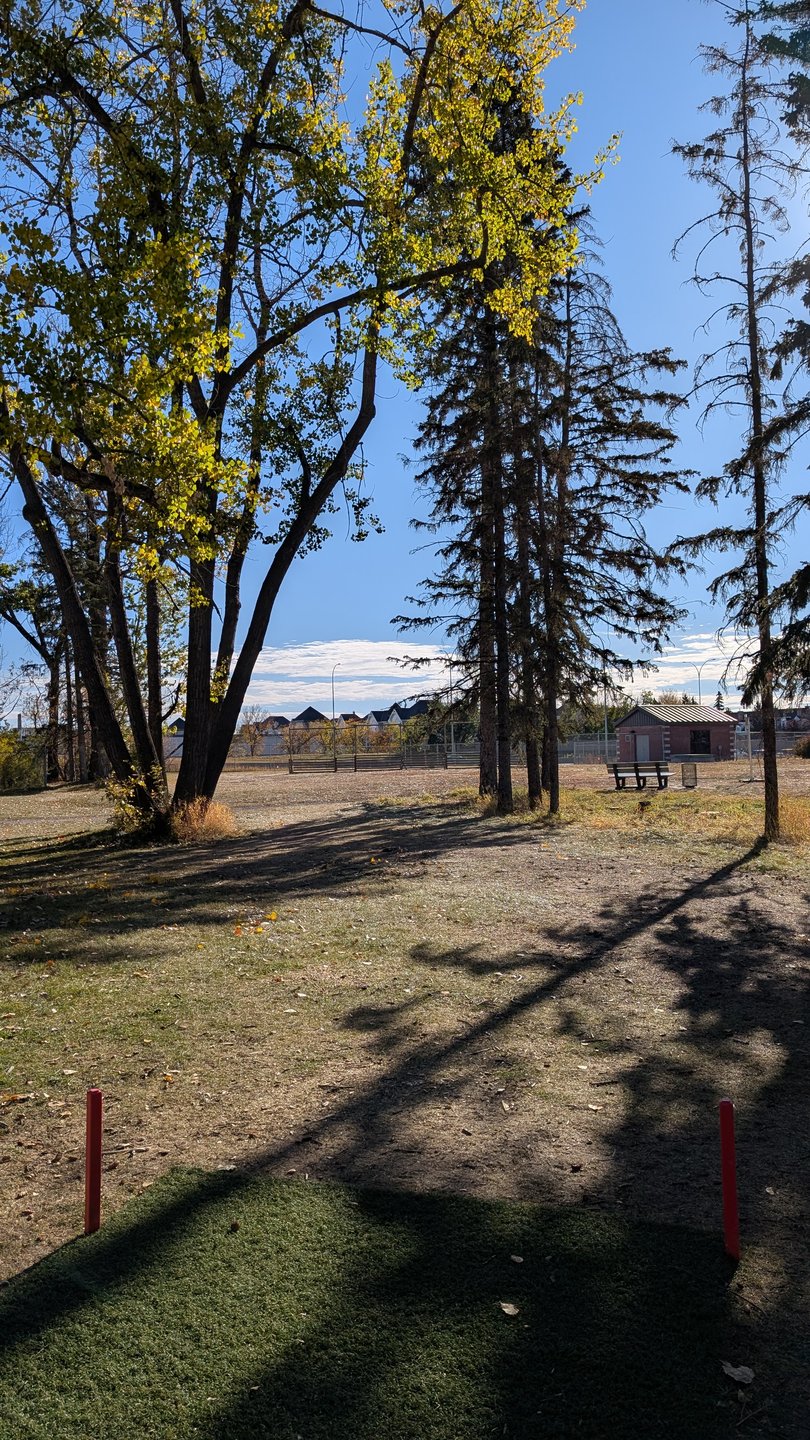 Tee for hole 9. Throw from the turf towards the wooden fence.