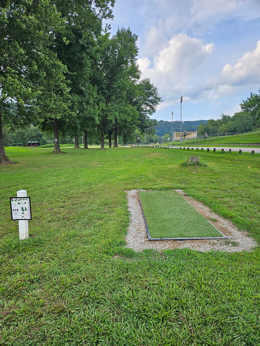 Short Tee Pad. OB Beyond Road. Mando Right of Tree with Sign.