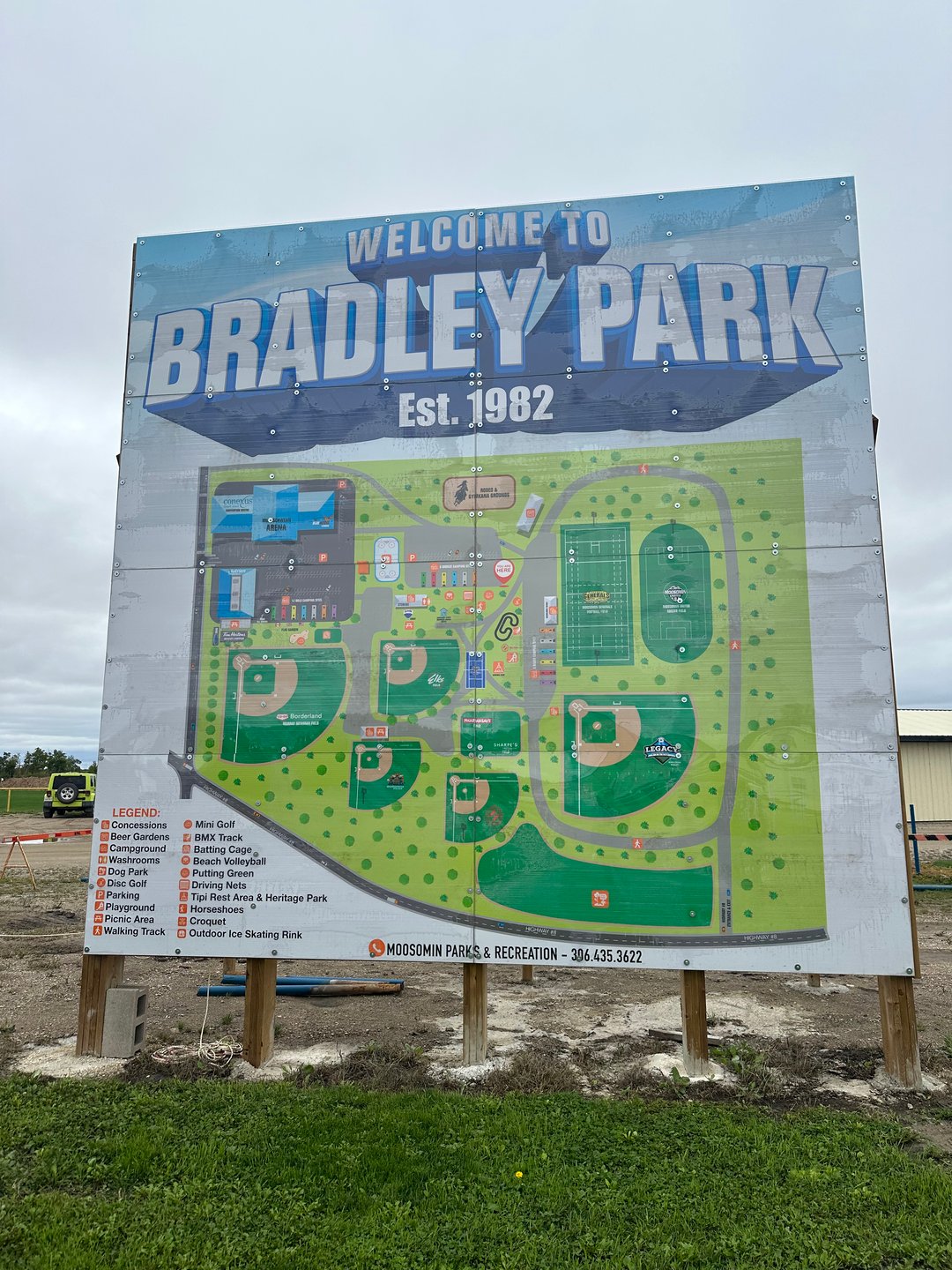 First hole found beside the pickle ball court. 

Rules of Play:
All out of bounds is proceed to where your disc was last in bounds with an added stroke penalty. 1 metre relief in bounds.

Missed mandatory proceed to drop zone with added stroke penalty. 

Receive 2 metres relief from all barbed wire fence. 

All discs that land beyond park fence (baseball diamonds) and farm fence are out of bounds. 