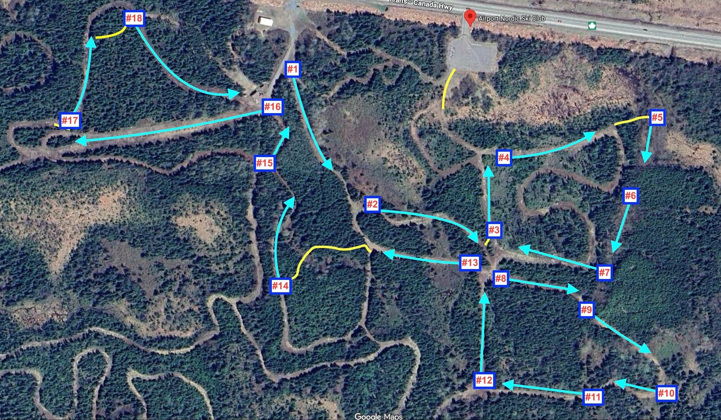Basic course map.  The walking trails (yellow lines) are still in progress. 