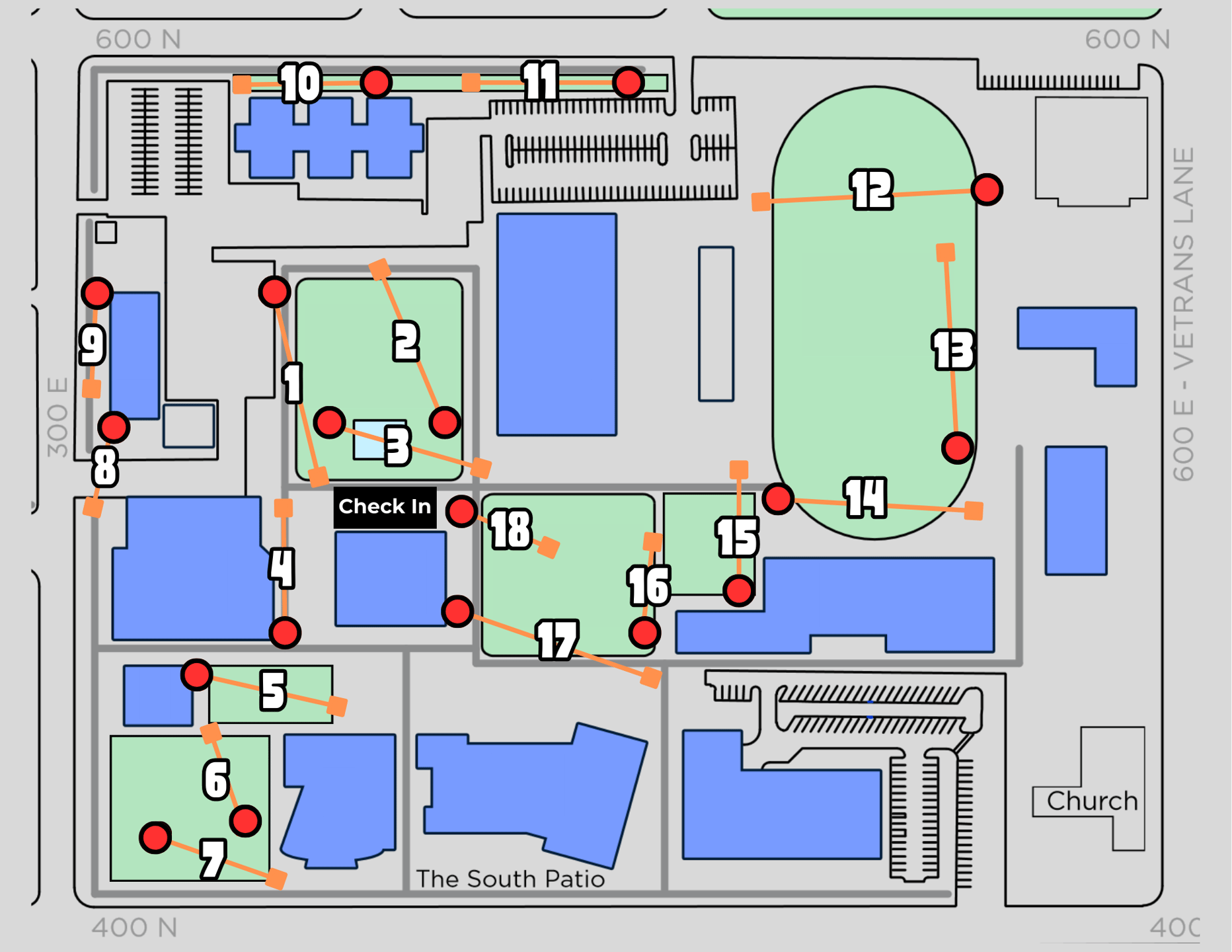 This is the International Days Tournament layout. Holes 4, 5, 8, 9, 10, 11, & 15 will have temporary baskets. The rest will use the permanent baskets on campus.