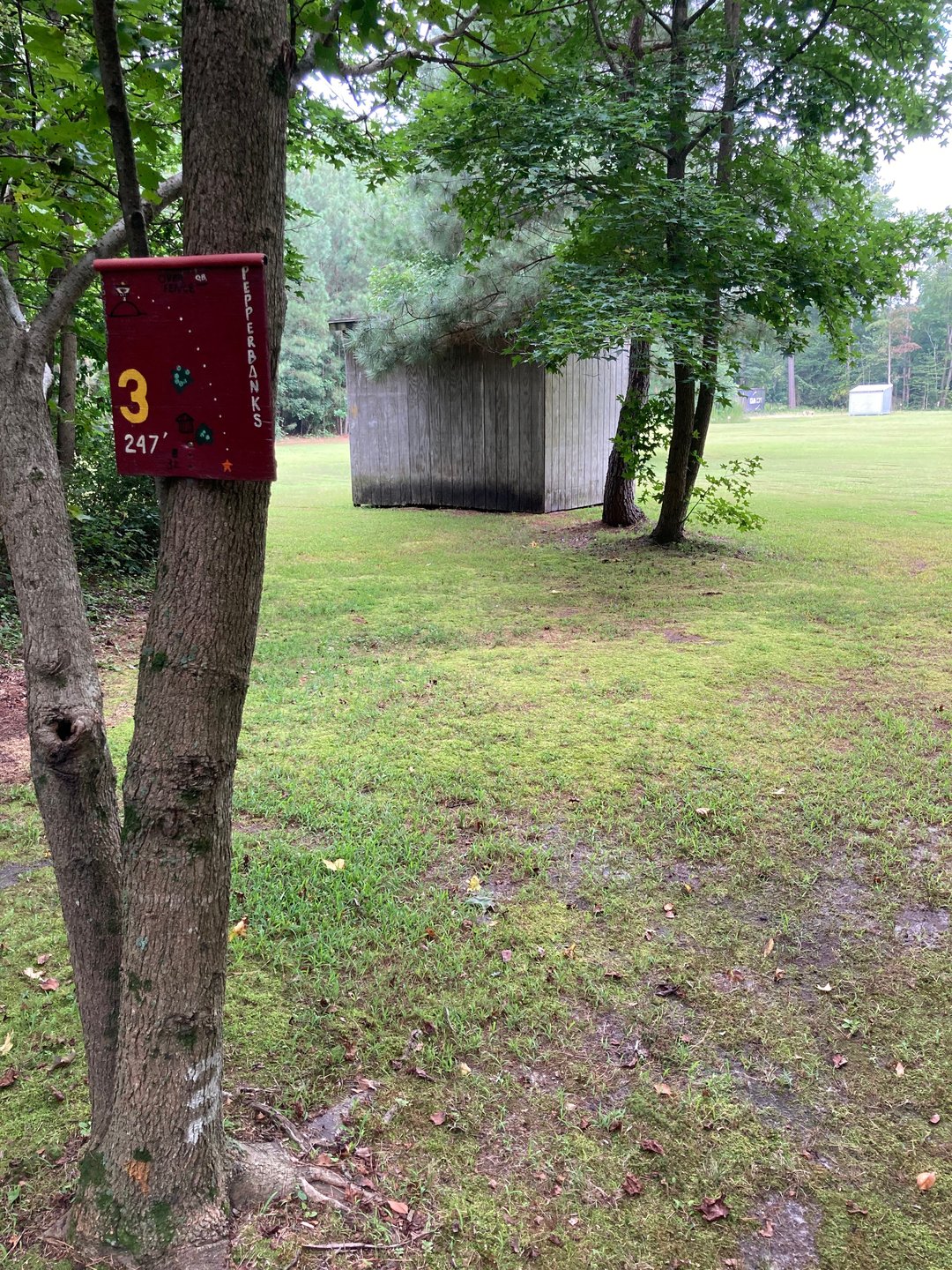 Hole 3 tee sign
Basket on the mound, OB in the brush pile to the right of mound, take 1 stroke penalty from where it crossed in OB 