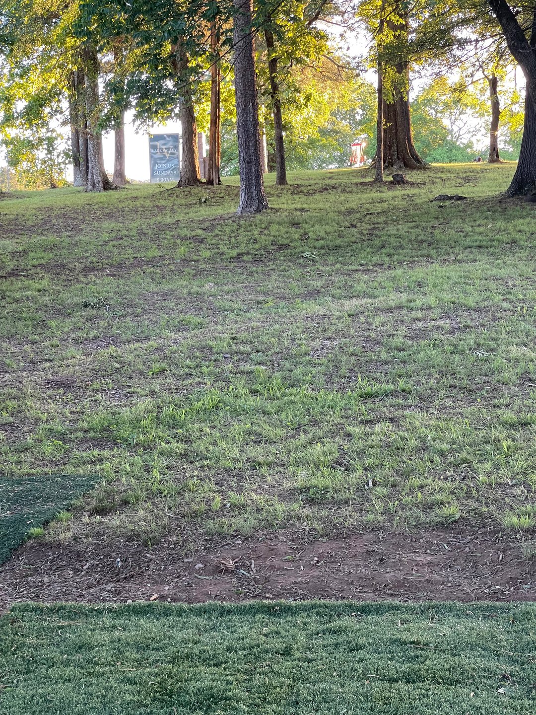 uphill from tee pad to basket on top of hill