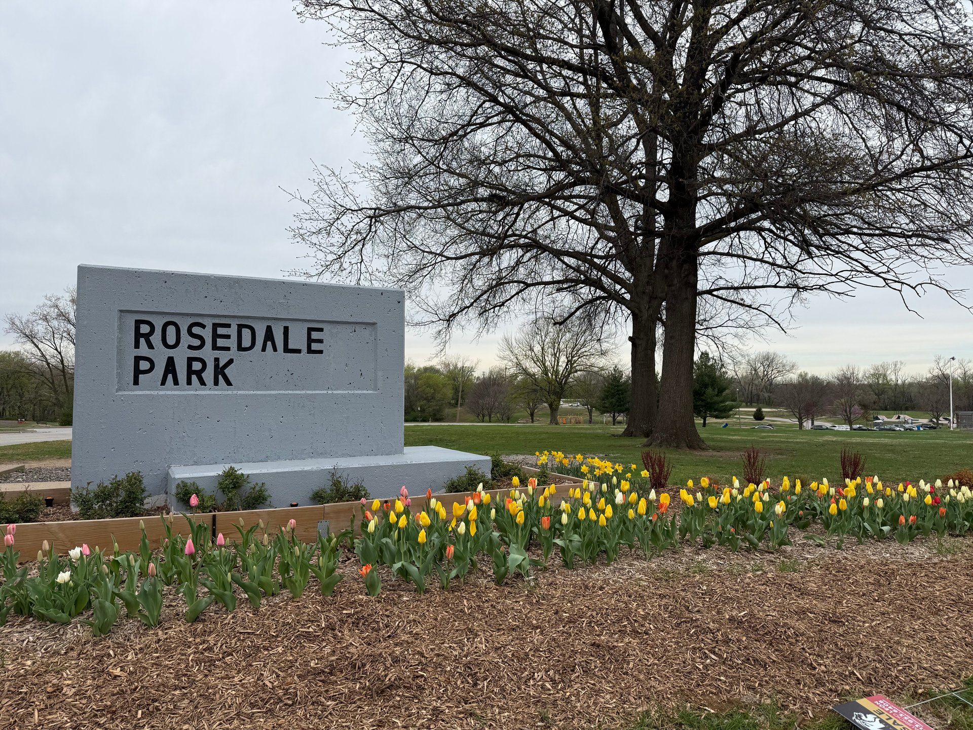 Park entrance with Spring flowers
