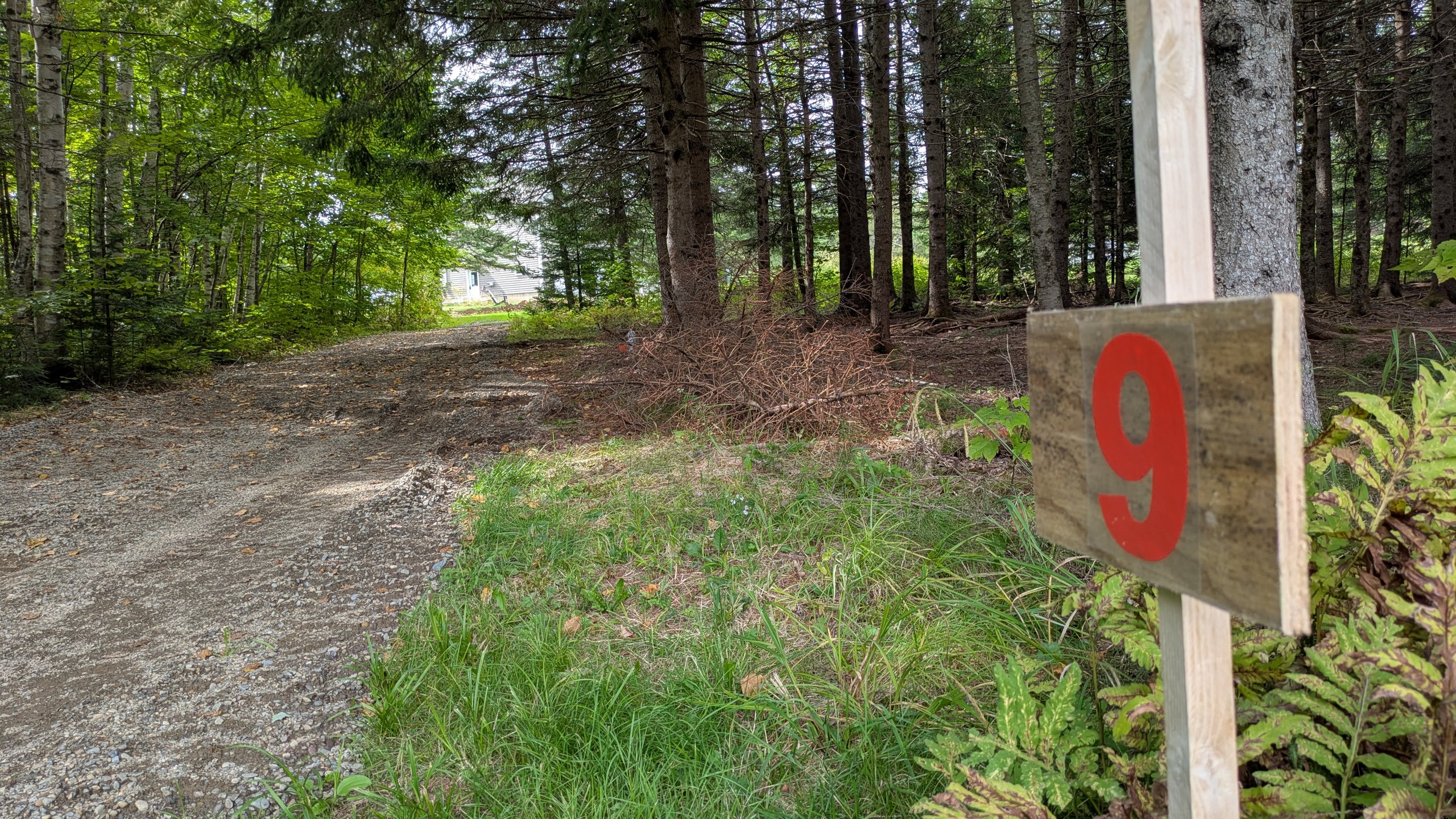 Teebox for Hole 9. The basket is slightly to the right through the corridor.