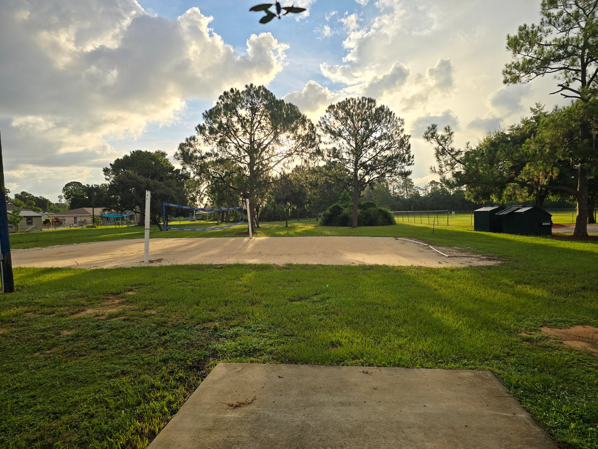 Tee pad 1 is a large concrete pad (look for the wooden Mosquito Creek sign) - choose your route and throw past the volleyball courts to begin play