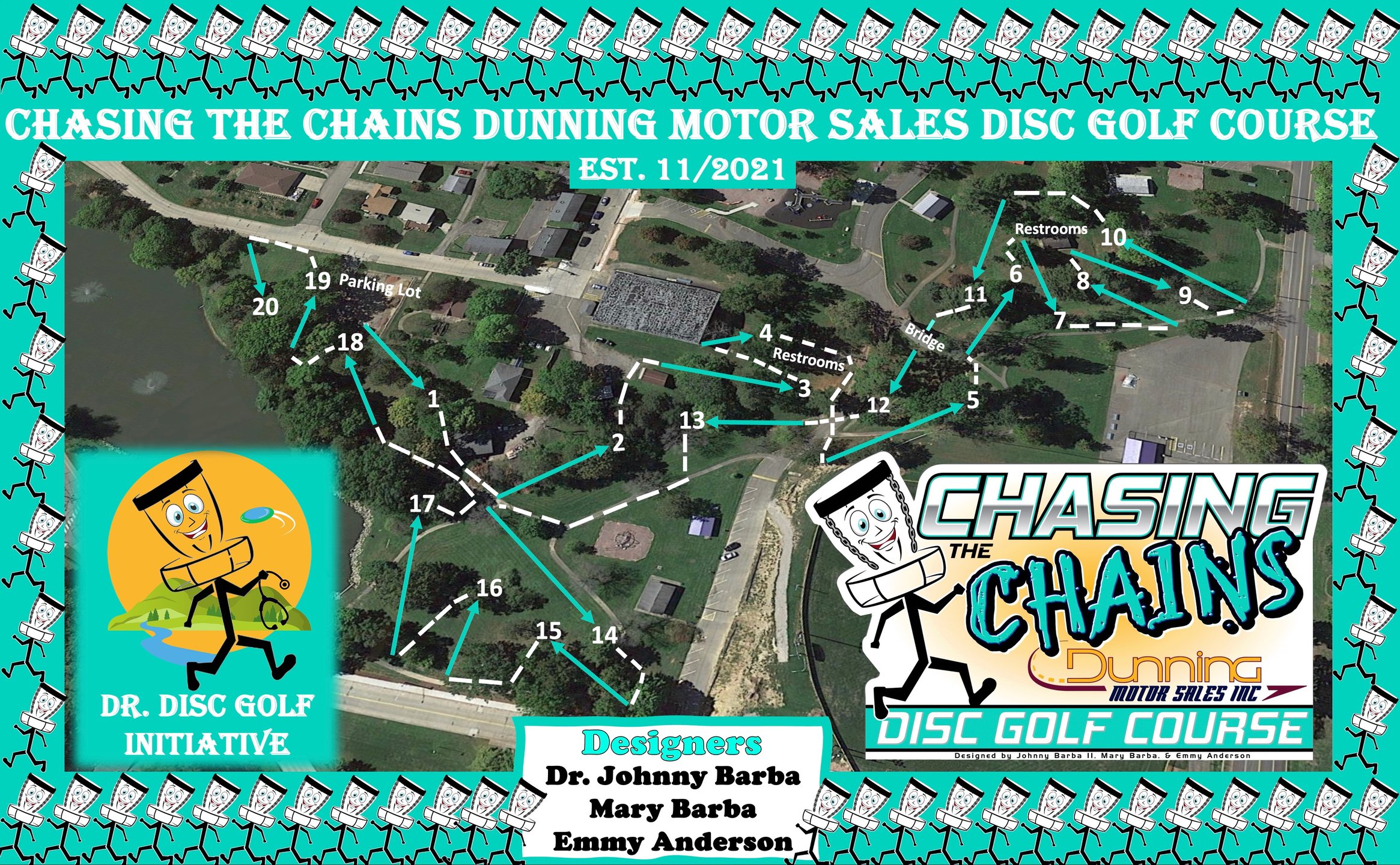 20 Hole Map of Chasing the Chains Dunning Motor Sales Disc Golf Course