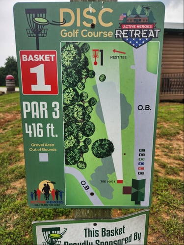416 ft PAR 3
Double mando 
OB - gravel parking lot to right