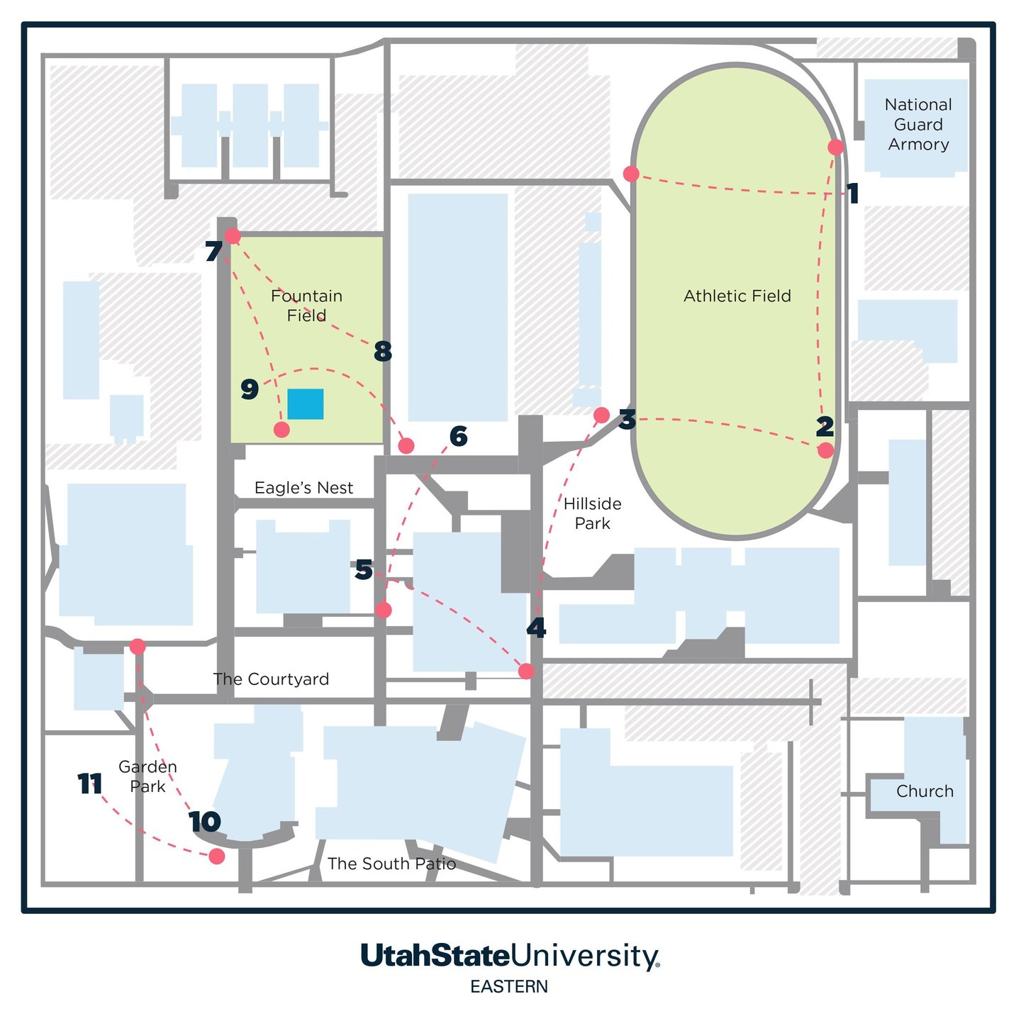 Map for the layout around campus. Hole 6 basket has been moved just east of the Eagle's Nest on the grass patch.