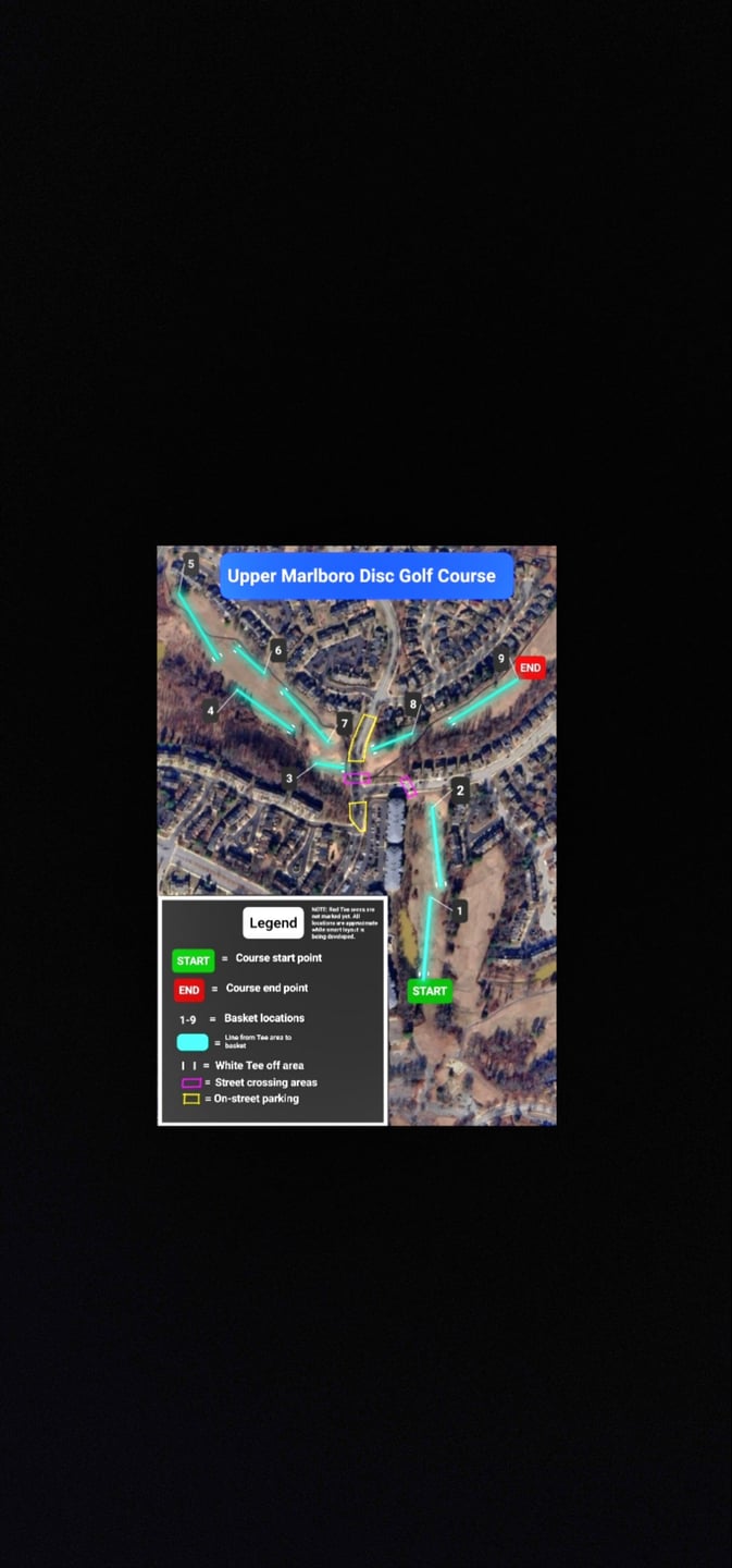 A rough map of the course to use while the Smart Layout is being developed. The map is purely for referencing and is not exactly accurate for tee, drive line, and basket locations. Red Tee areas are not marked.