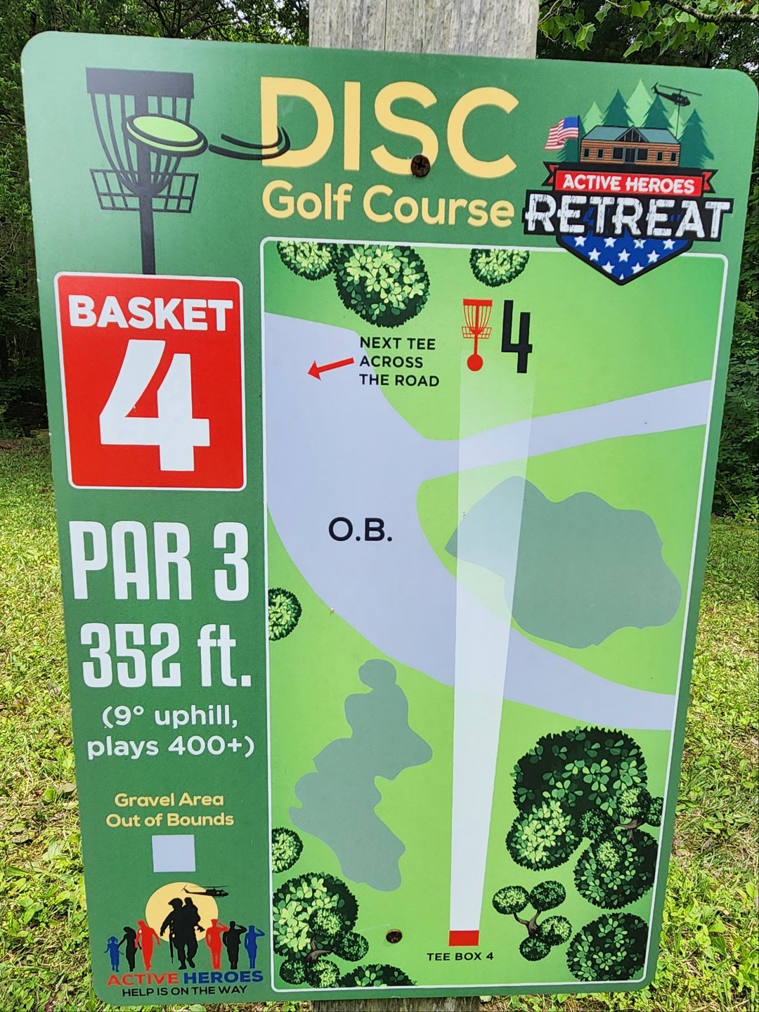 352 ft PAR 3
9 degree uphill, plays 400
OB - on gravel