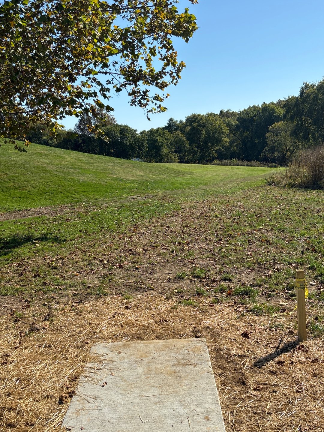 Tee towards hole, blind shot over foot of mound. 