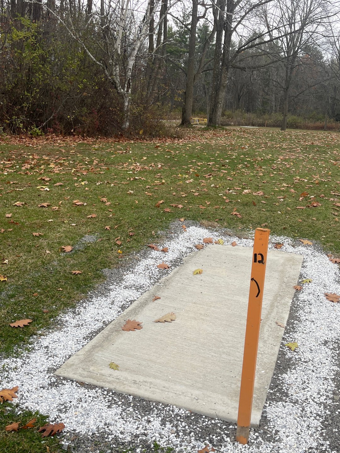 Tee 12. Basket around corner to the left. Do NOT shoot over road.