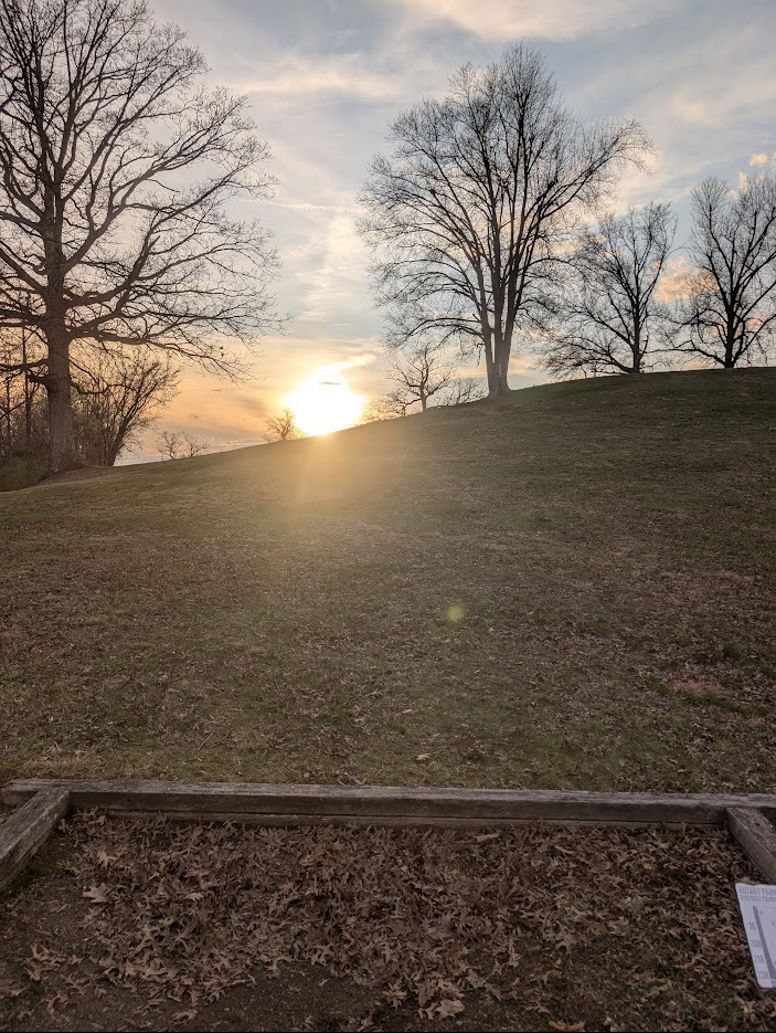 kind of a blind shot.  Basket is usually in the middle of the fairway, over the ridge; maybe 100' past the ridge?  There is another position top right behind the big tree up there.  That tree is a mando (have to go to the left of it). Mando comes into play more often from the long tees.