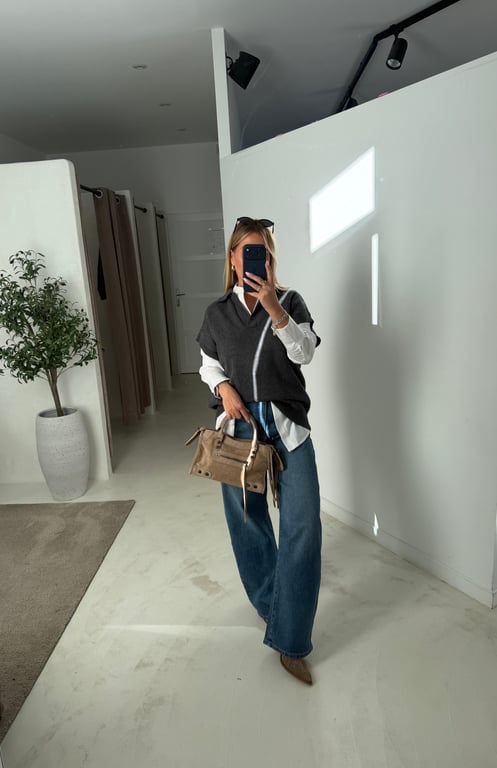 Pull sans manches en maille gris anthracite à finitions côtelées